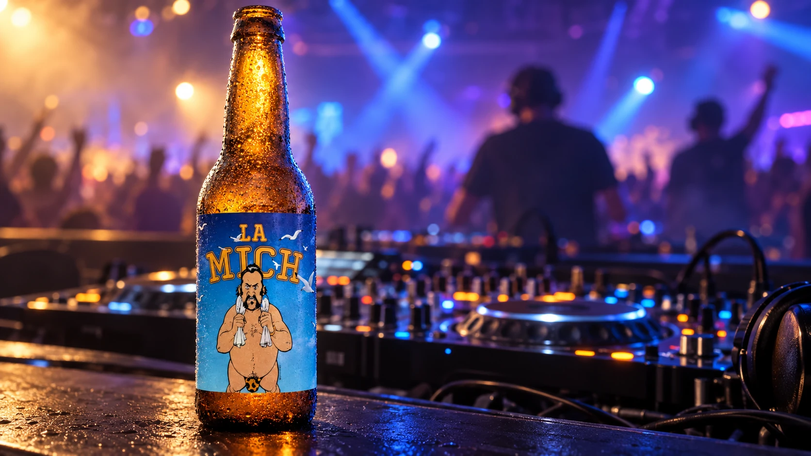 Une bouteille de La Mich en gros plan devant les platines et les lumières d’un set DJ nocturne